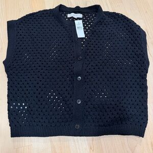 LOFT Black Open-Knit Button Front Sweater Vest